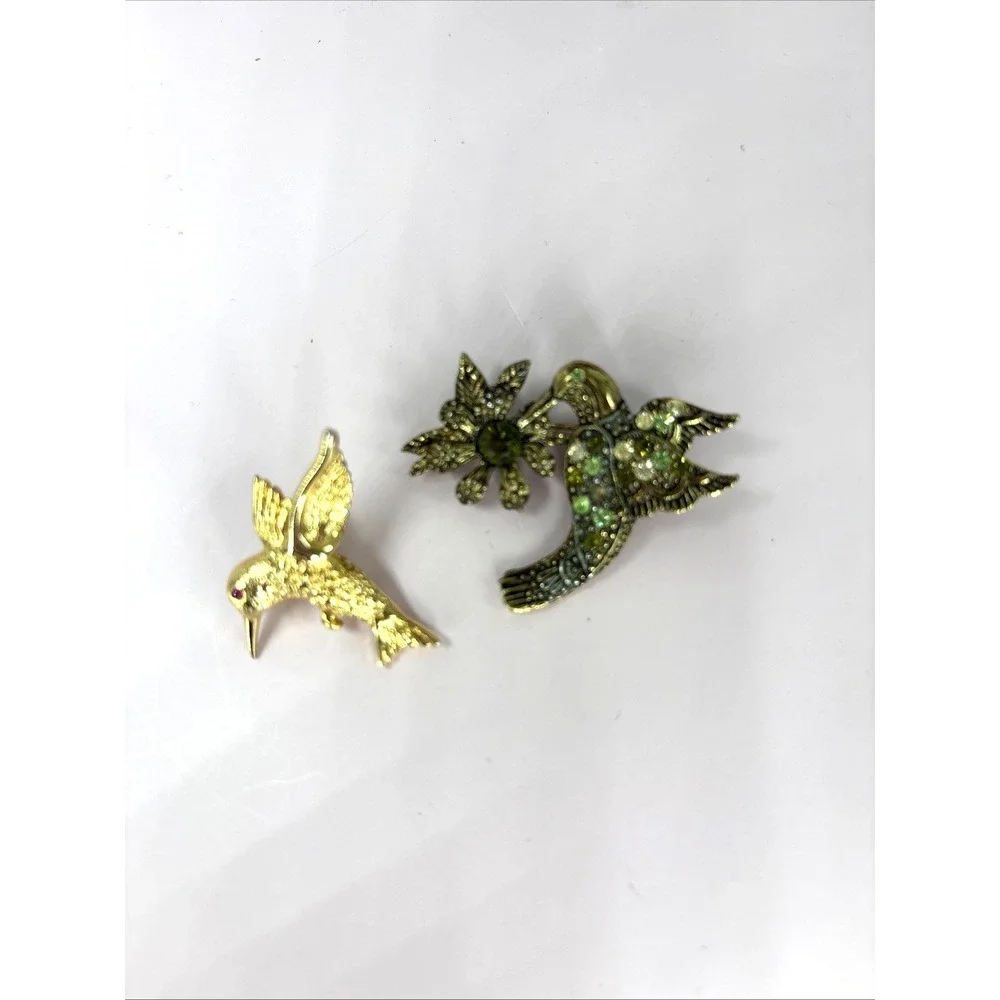 Vintage Rhinestone Pin Brooch Lot Hummingbird Gold tone Green